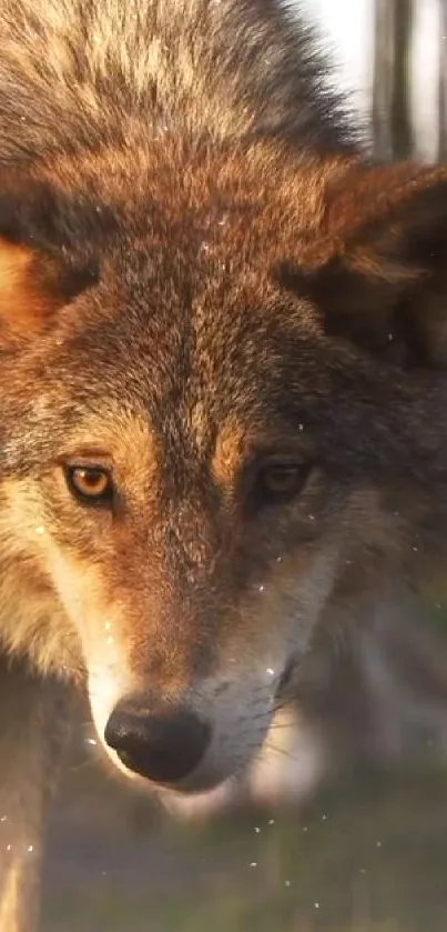 Majestic wolf with intense gaze in nature setting.