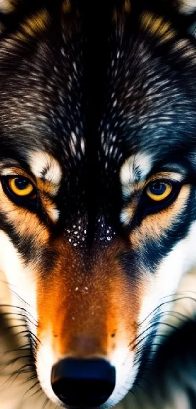 Close-up of a majestic wolf with intense, captivating eyes.