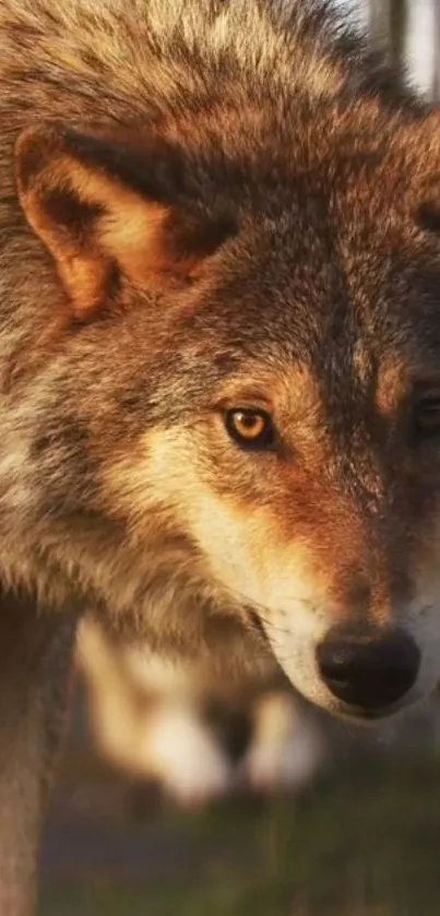 Close-up of a wild wolf with intense gaze, earthy tones.