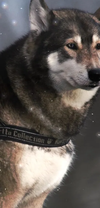 Majestic wolf standing against a soft blurred background.
