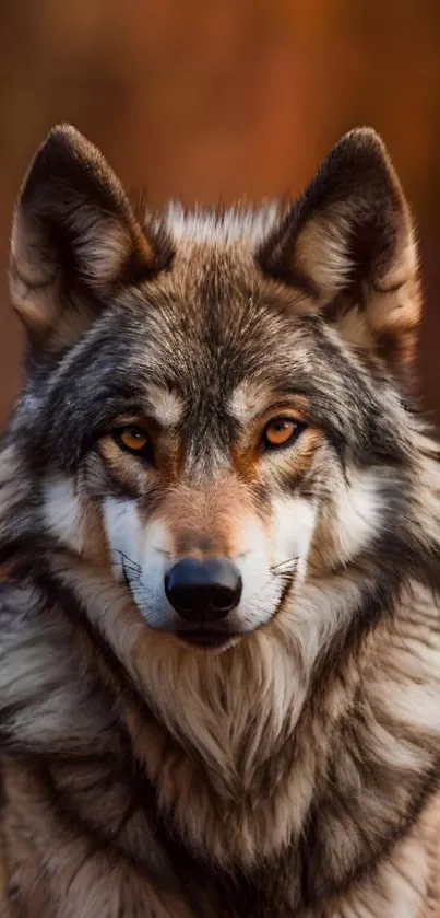 Majestic wolf with intense gaze in brown-toned portrait wallpaper.