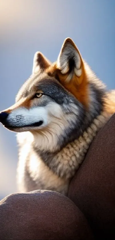 Majestic wolf resting on rocks in the wild.