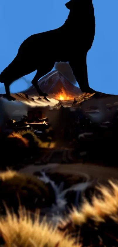 Silhouette of a wolf with blue sky and glowing volcano.