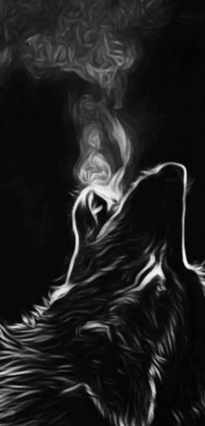 Black and white wolf silhouette on dark background with abstract smoke effect.