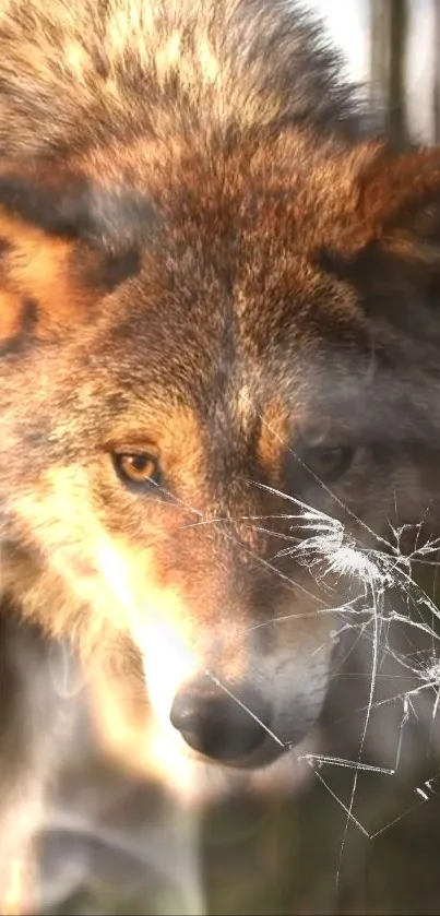 Majestic wolf portrait with a cracked glass effect on smartphone wallpaper.