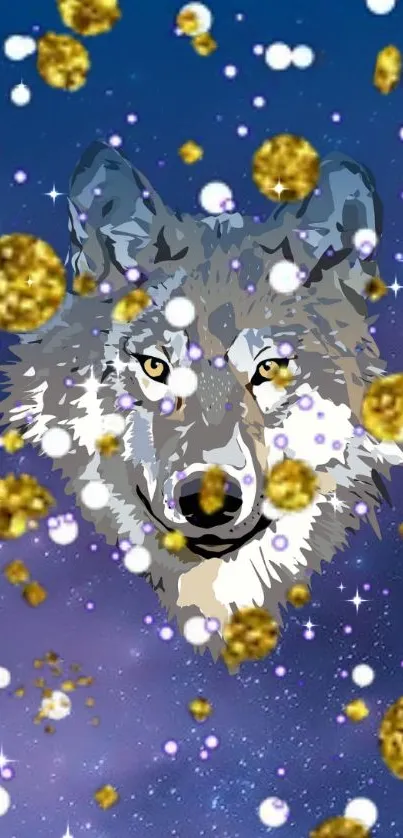 A majestic wolf amidst golden stars in a cosmic night sky wallpaper.