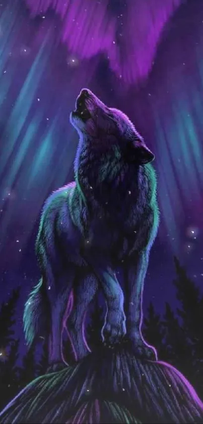 Wolf howling under vibrant purple and green aurora lights in a forest setting.