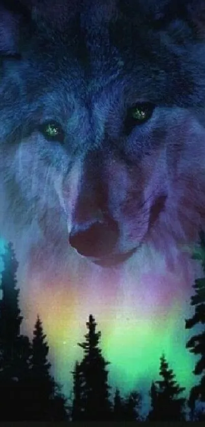 Majestic wolf with colorful auroras in a forest night setting.