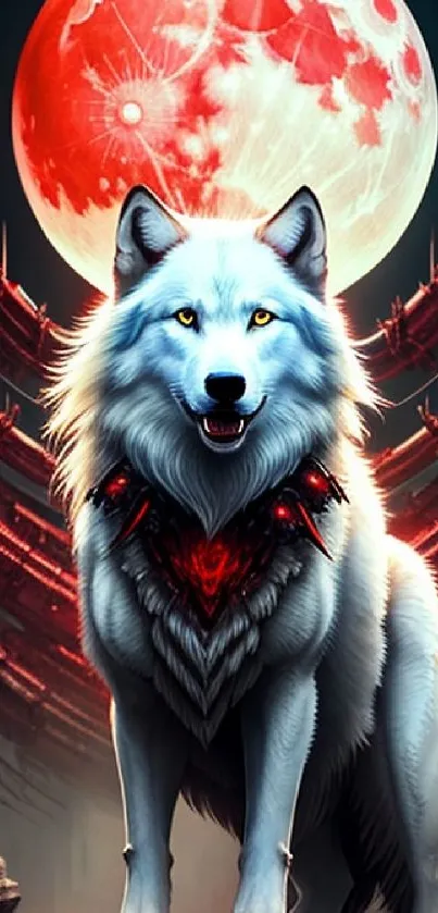 White wolf beneath a vivid red moon with mystical elements.