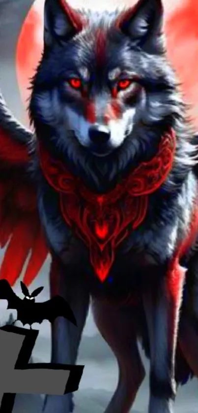 Winged wolf with red eyes under blood moon.