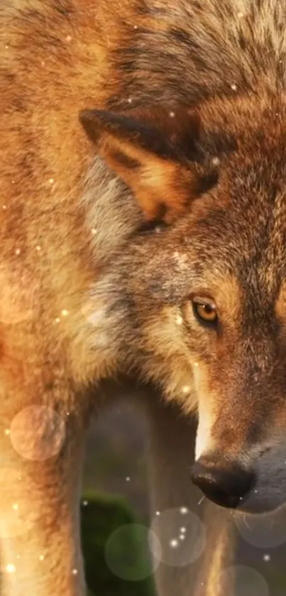 Majestic wolf in soft bokeh light background.