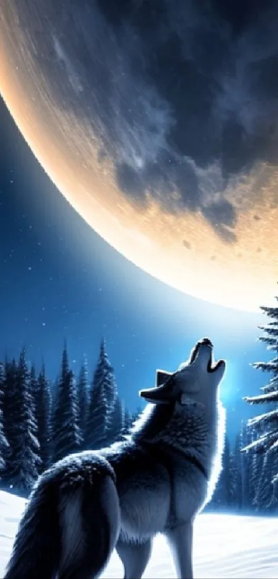 A wolf howling under a large full moon with snowy trees in the background.