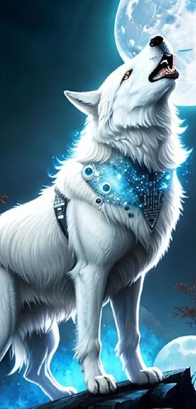 White wolf howling under a full moon with a cyan blue glow.