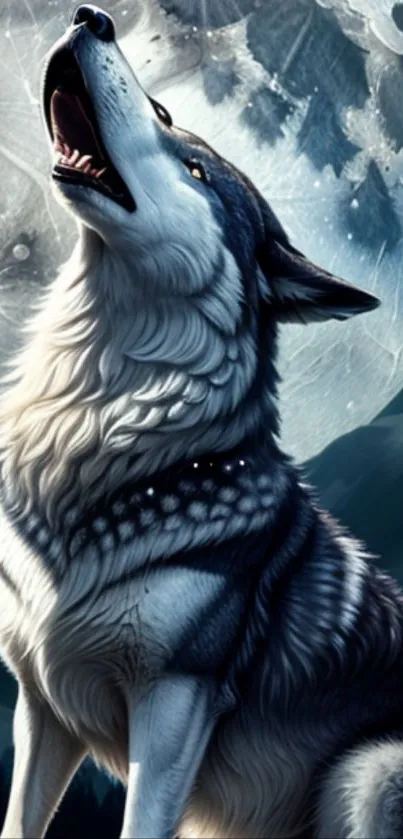 Majestic wolf howling under a bright full moon at night.