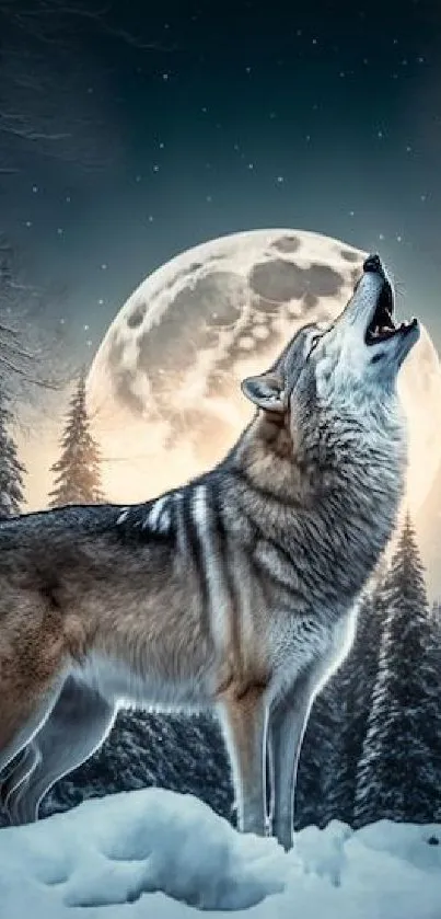 Wolf howling under a full moon in a snowy forest.