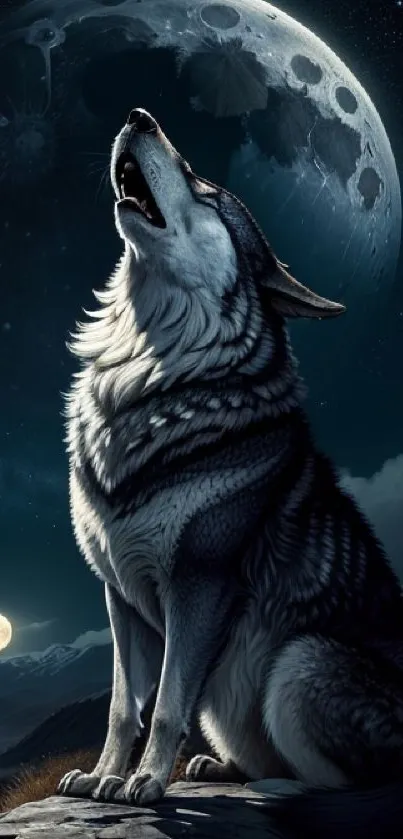 Majestic wolf howling under a bright full moon in a starry night sky.