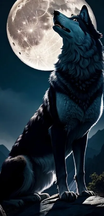 Wolf howling under a full moon, set in a dark, mountainous night landscape.