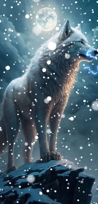 Majestic wolf standing under a full moon with a misty mountain backdrop.