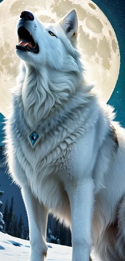 Majestic white wolf howling under a full moon in a snowy landscape.