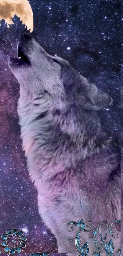 Wolf howling under the galaxy illuminated sky with stars and a full moon.
