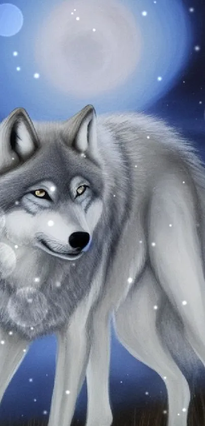 Majestic wolf under moonlit night sky, serene and captivating.
