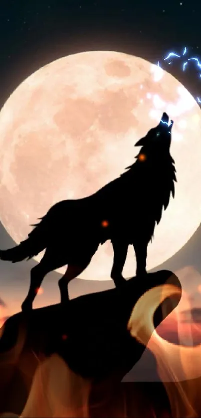 Wolf silhouette howling under a full moon.