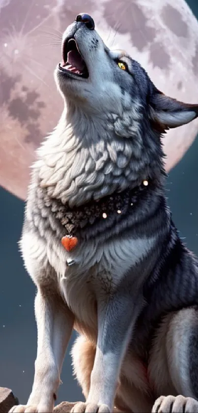 A majestic wolf howling at the full moon against a dark blue sky.