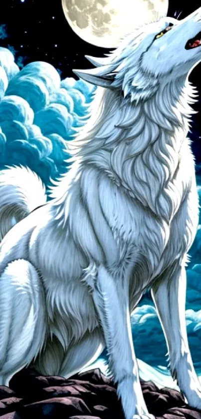 White wolf howling under a full moon with blue clouds in the night sky.