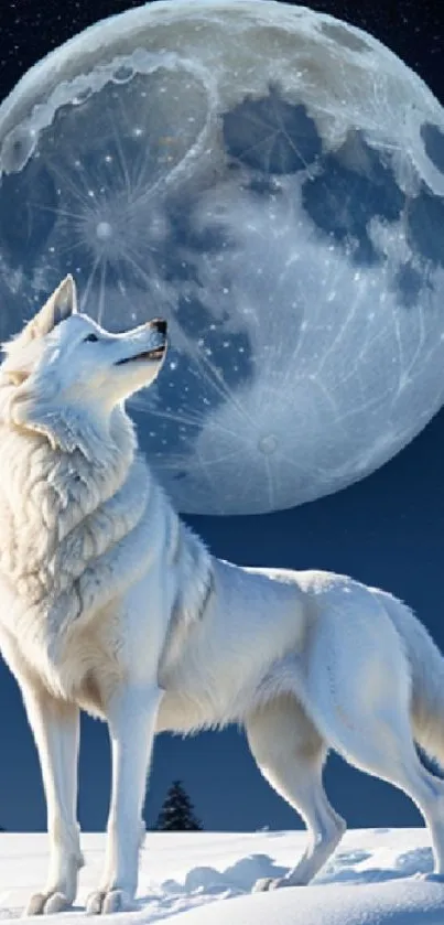 White wolf howling at full moon on snowy night.