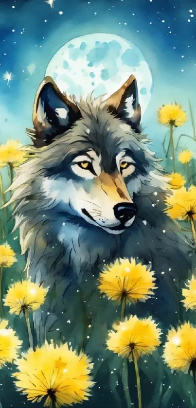 Artistic wolf among dandelions under a moonlit sky.