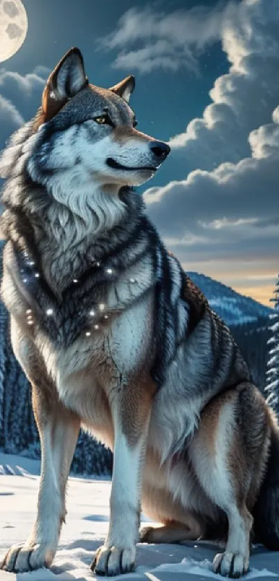 Majestic wolf gazes under the moonlit sky surrounded by snowy mountains.