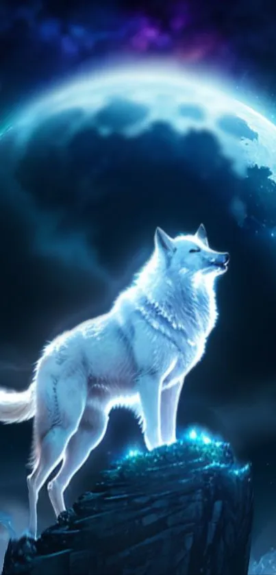 A majestic wolf standing under a glowing full moon in a starry night sky.