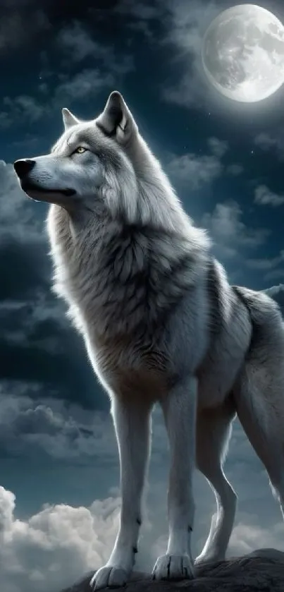 Majestic wolf standing under a full moon in a cloudy night sky.