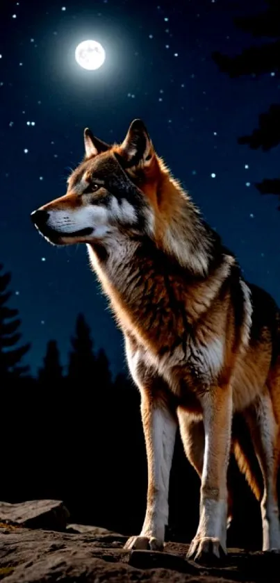 Wolf standing under a starry moonlit sky.
