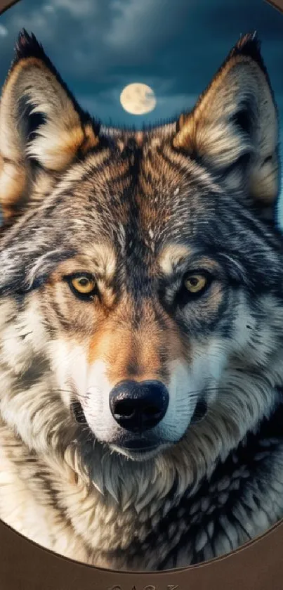 Majestic wolf gazing under full moon.