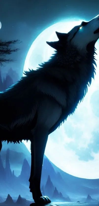 Wolf howling under a bright full moon with blue night sky.