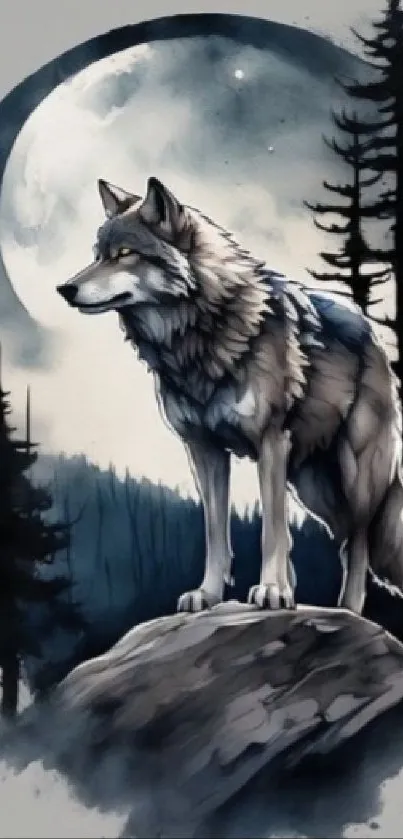 Majestic wolf standing under a glowing full moon in a forest.