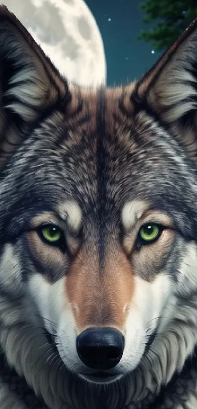 Majestic wolf with green eyes under a full moon, perfect mobile wallpaper.