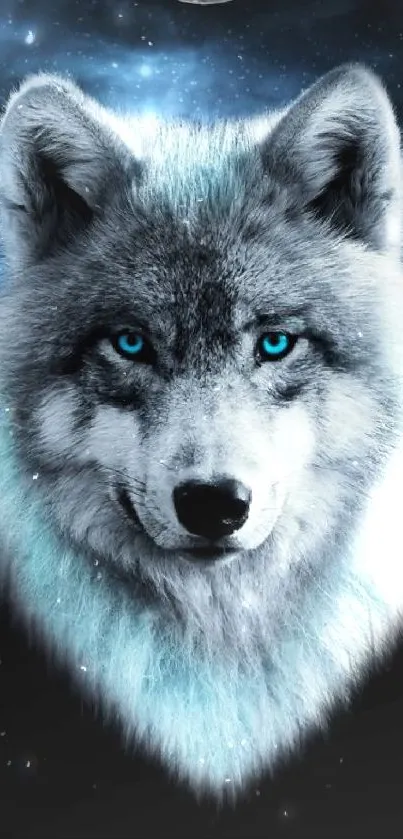 Majestic wolf with blue eyes under starry night sky.