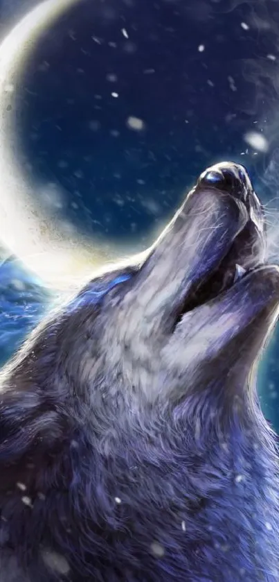 Majestic wolf howling under a crescent moon in a starry night sky mobile wallpaper.