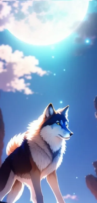 Majestic wolf gazing under a bright moonlight in a serene night scene.