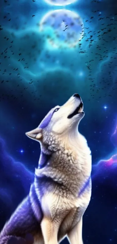 Wolf howling under a blue moonlit sky.