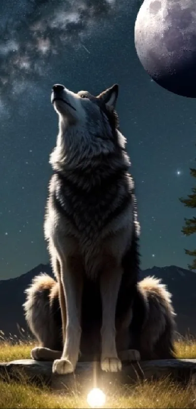 Majestic wolf gazes at the moonlit night sky in a serene forest setting.