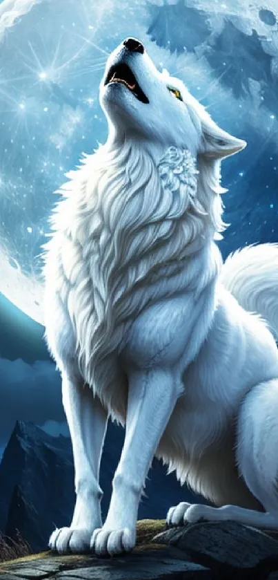 White wolf howling at the moon amidst mountains in a night sky.