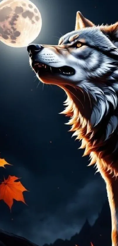Majestic wolf howling under a full moon with autumn leaves.