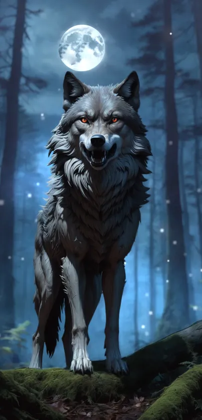 Wolf standing under a full moon in a dark, mystical forest.