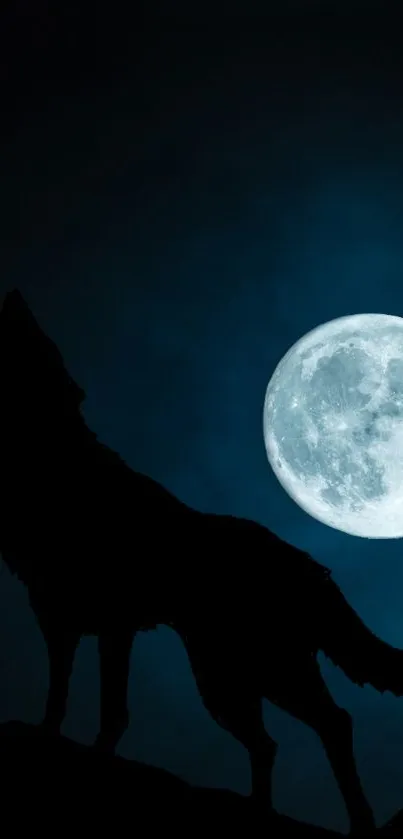 Silhouette of a wolf howling at a full moon.