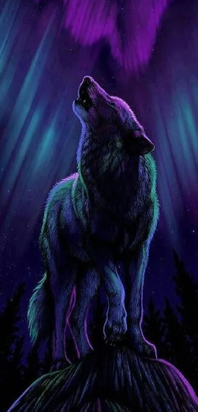 Majestic wolf howling under vibrant Northern Lights.