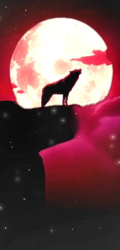 Wolf silhouette under vibrant red moon with starry sky background.