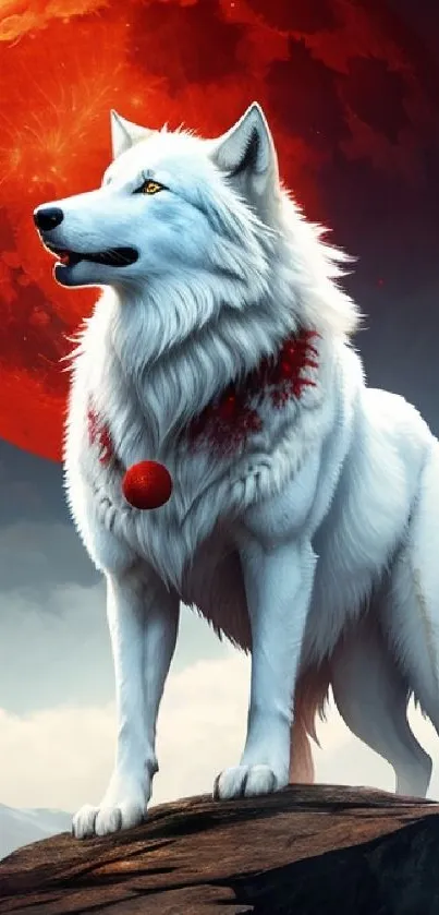 White wolf under a red moon on a rocky landscape.